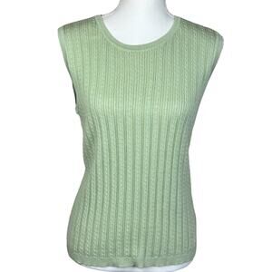 Foxcroft Cable Knit Top Women Size Large Sage Green Supima Cotton Ribbed Vest